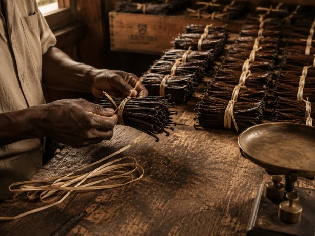 Mise en bottes des gousses à la raphia, avant la pesée