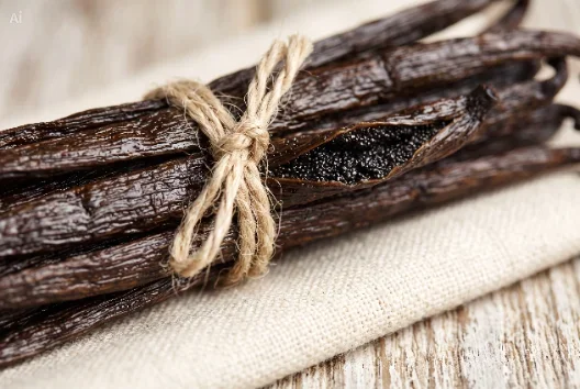 Botte de gousses de vanille Bourbon nouée de jute, posée sur un torchon de lin