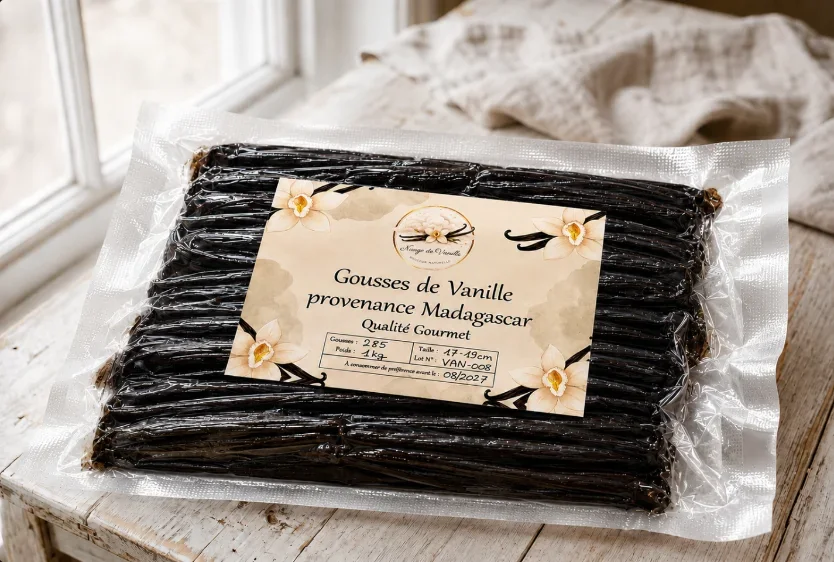 Sachet sous vide de 1 kg, 285 gousses de vanille de Madagascar qualité Gourmet