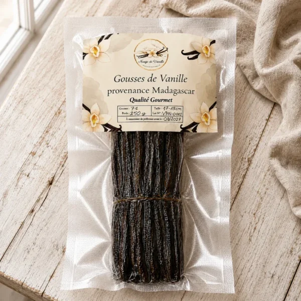 Sachet sous vide de 250 g, 71 gousses de vanille de Madagascar qualité Gourmet