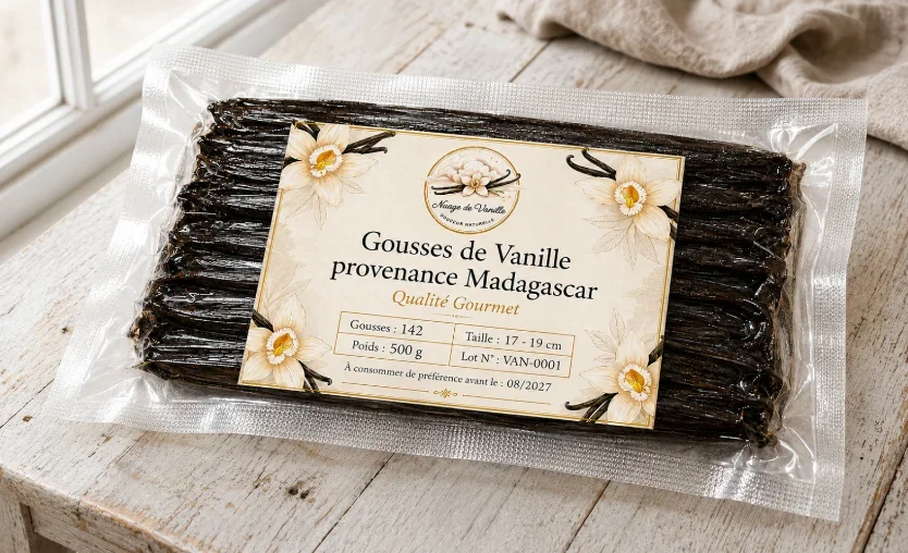 Sachet sous vide de 500 g, 142 gousses de vanille de Madagascar qualité Gourmet