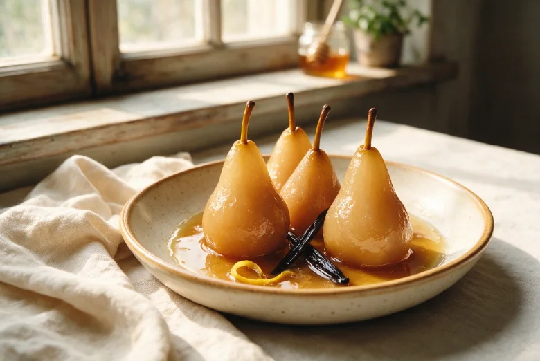 Poires pochées vanille et miel